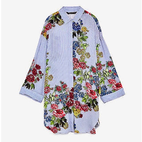 Zara Woman Pinstripe Floral Print Button Down Tunic Shirt Top - Picture 2 of 12